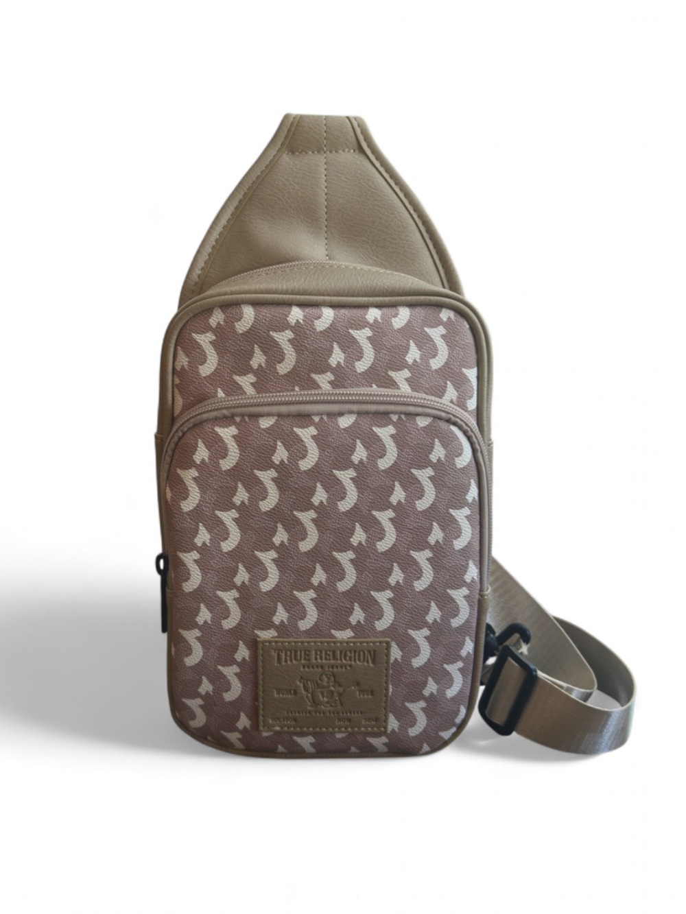 NWT Unisex True Religion Taupe Logo-Print Crossbody Sling Bag
